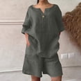 thumbnail image 7 of Two Piece Sets For Women Summer Linen Casual Outfit Plus Size Loose Fit Short Sleeve Shirts & Wide Leg Shorts Sets,Army Green,XL, 7 of 7