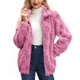 thumbnail image 2 of Women's Jacquard Check Plush Jacket, Stand Collar Full Zip Front, Loose Fit Fleece Coat, Long Sleeve Casual Outerwear, Soft Textured Winter Style Hot Pink XXXL, 2 of 5