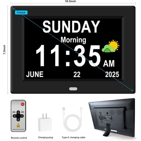 11 Inch Large Display Digital Alarm Clock for Seniors with Date Day Calendar 12 Alarms Auto Dimmer Remote Control Desk Clock