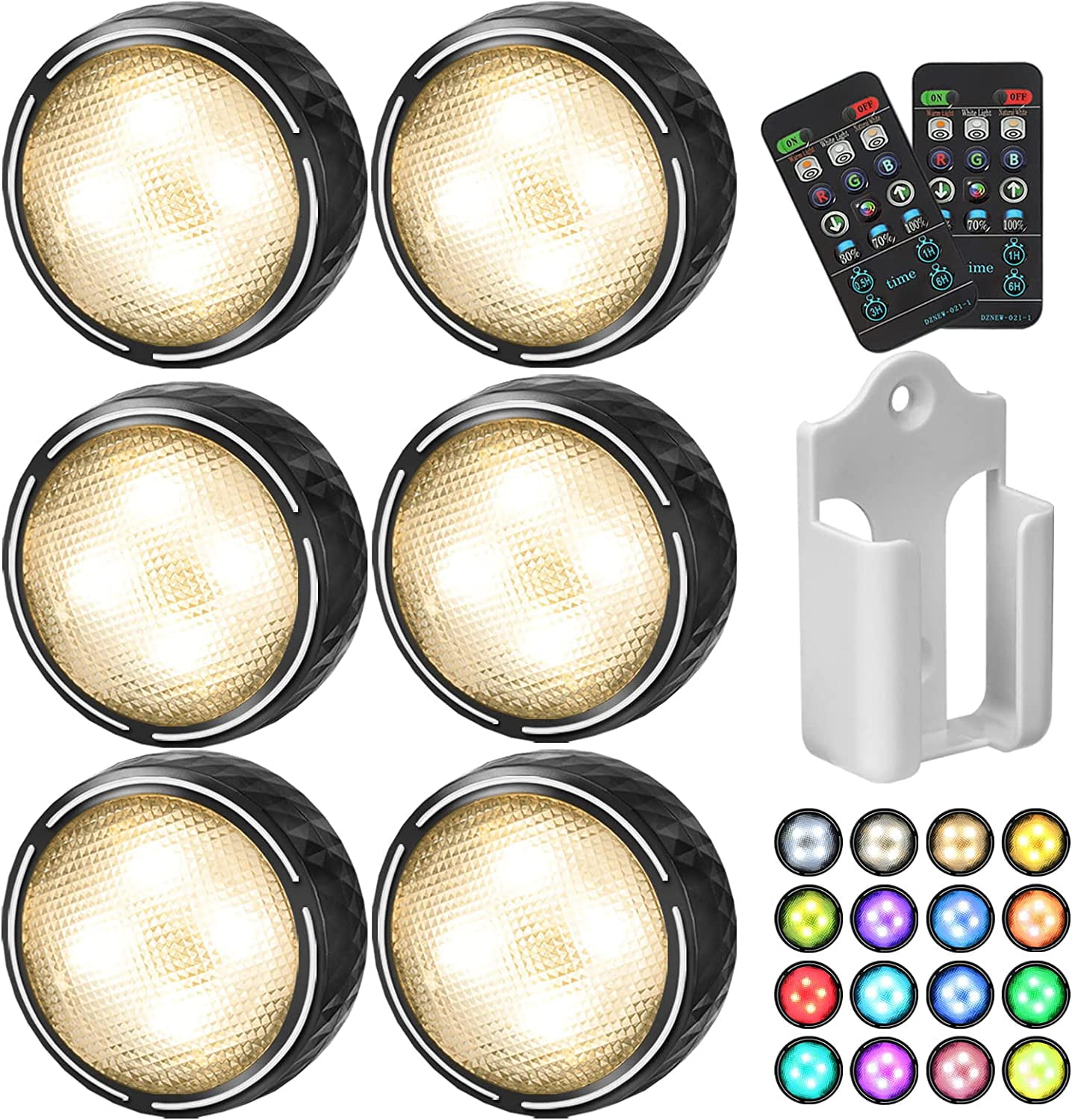 6 Pack Kitchen Closet LED Lights Battery Operated, 16 Color Changing Dimmable Under