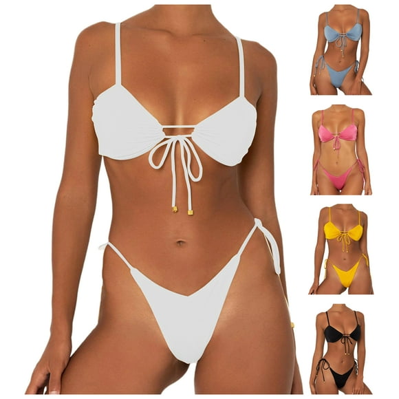 Travelwant 2Pcs/Set Womens High Cut Bikini Sets Halter Cheeky Swimsuit Deep V Neck Sexy Two Piece Bathing Suits