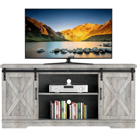 Modern Farmhouse Sliding Barn Door TV Stand for 65" Television, 59" Entertainment Center TV Console, Home Living Room Storage Table with Movable Shelf