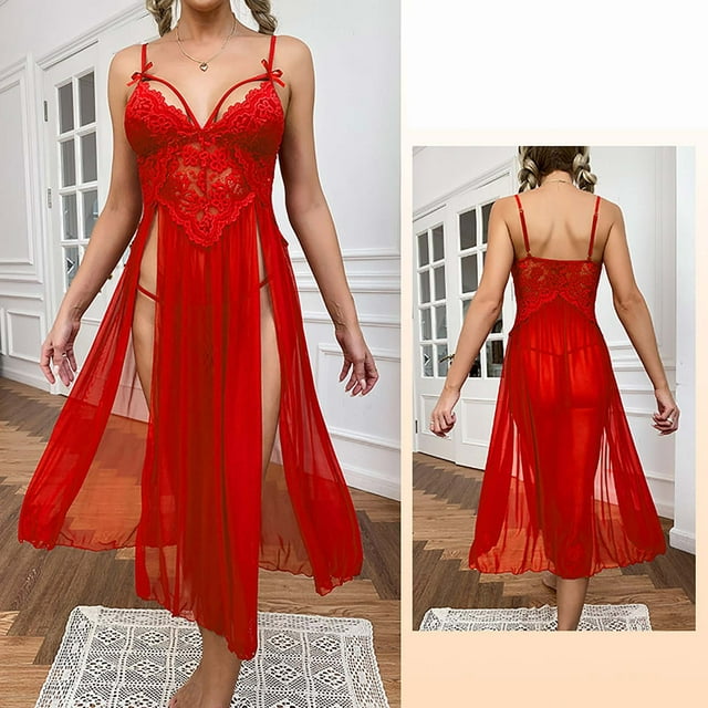 LSLJS Pyjama Aguichant en Dentelle à Décolleté Profond en Mesh pour Femmes, Jupe à Fente Latérale, Robe de Maison Longue, Ensemble de Pyjama pour Femmes, Robe de Pyjama pour Femmes