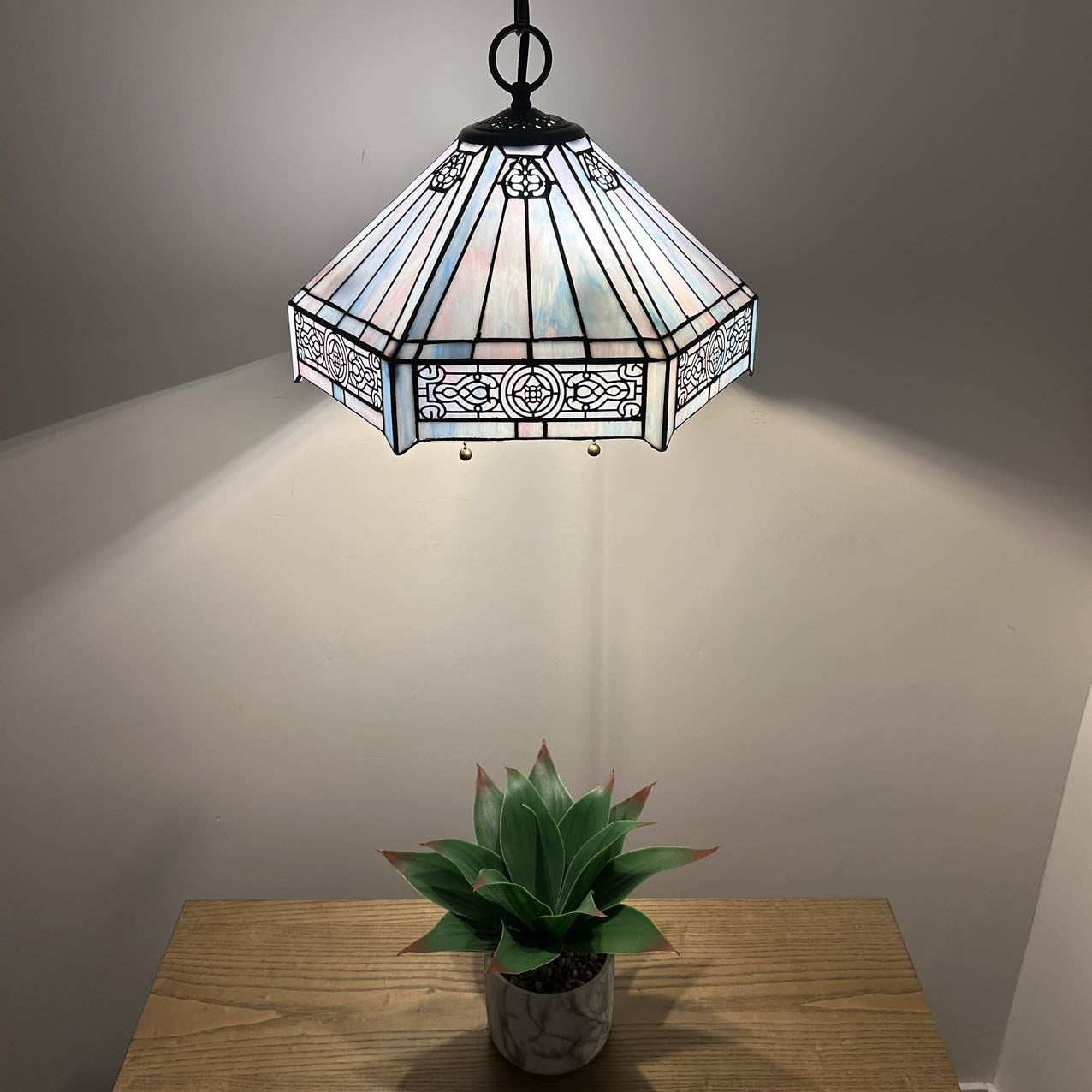 Tiffany Pendant Lights Fixture Pink Blue Stained Glass Hexagon LED Bulb Included for Dining Room 16"W*16"D*75"H