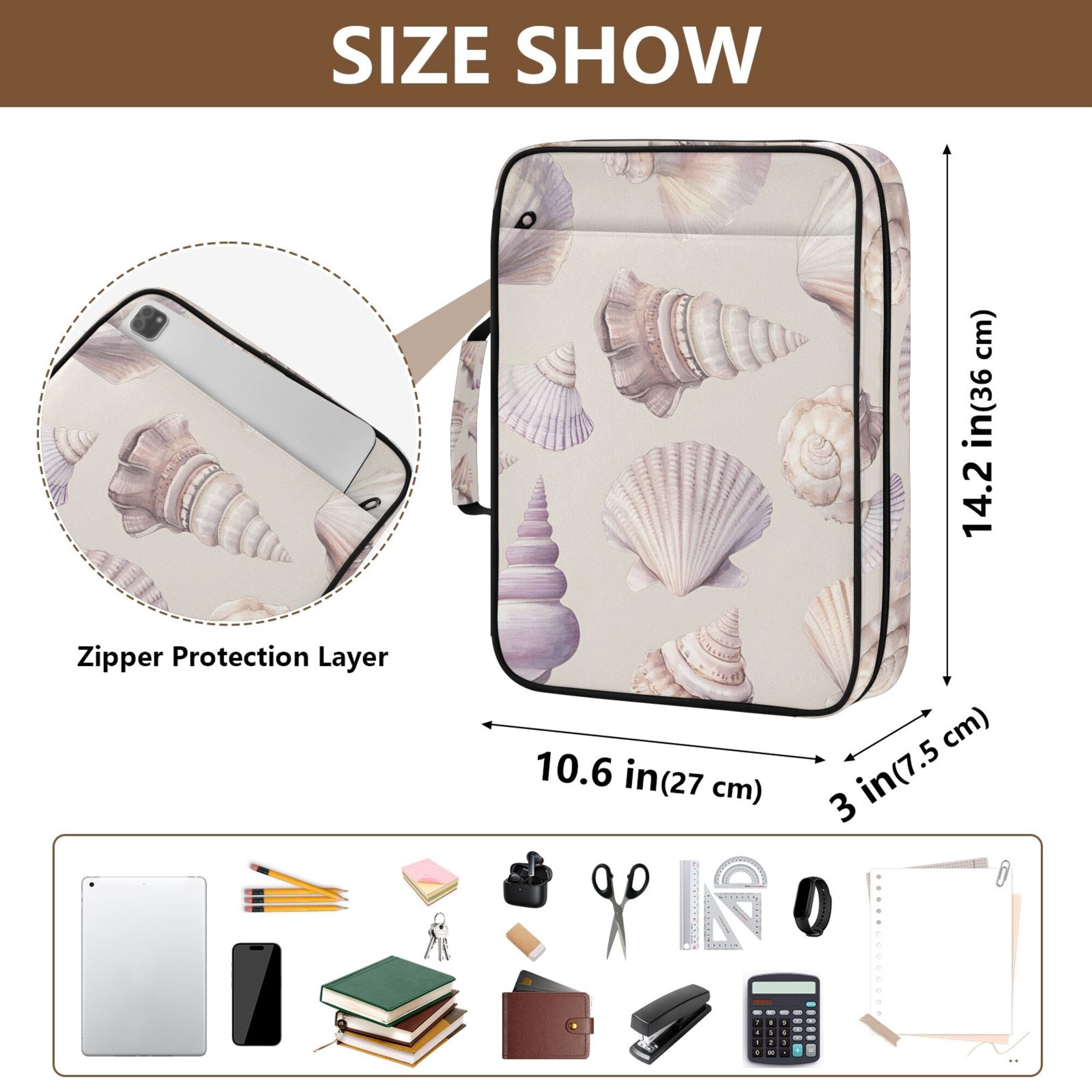 FORMRS Accordion File Folder A4 Size 7-Pocket Expanding Document Organizer Bag with 3 Ring Binder, Purple Watercolor Seashells