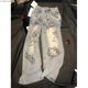 thumbnail image 3 of Pantalones vaqueros de estilo americano con estampado de grafiti de Hello Kitty de Sanrio y diamantes de imitación, diseño de nicho, pantalones de pierna recta, pantalones de cintura alta, 3 of 5