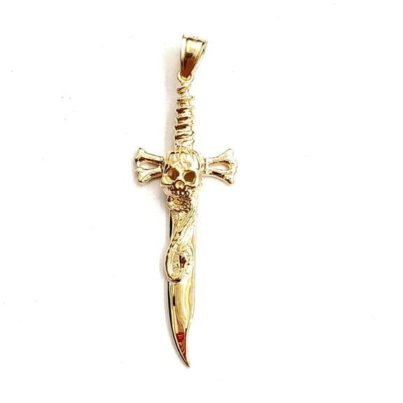 14k yellow Gold sword skull snake Pendant charm gift fine jewelry 6g