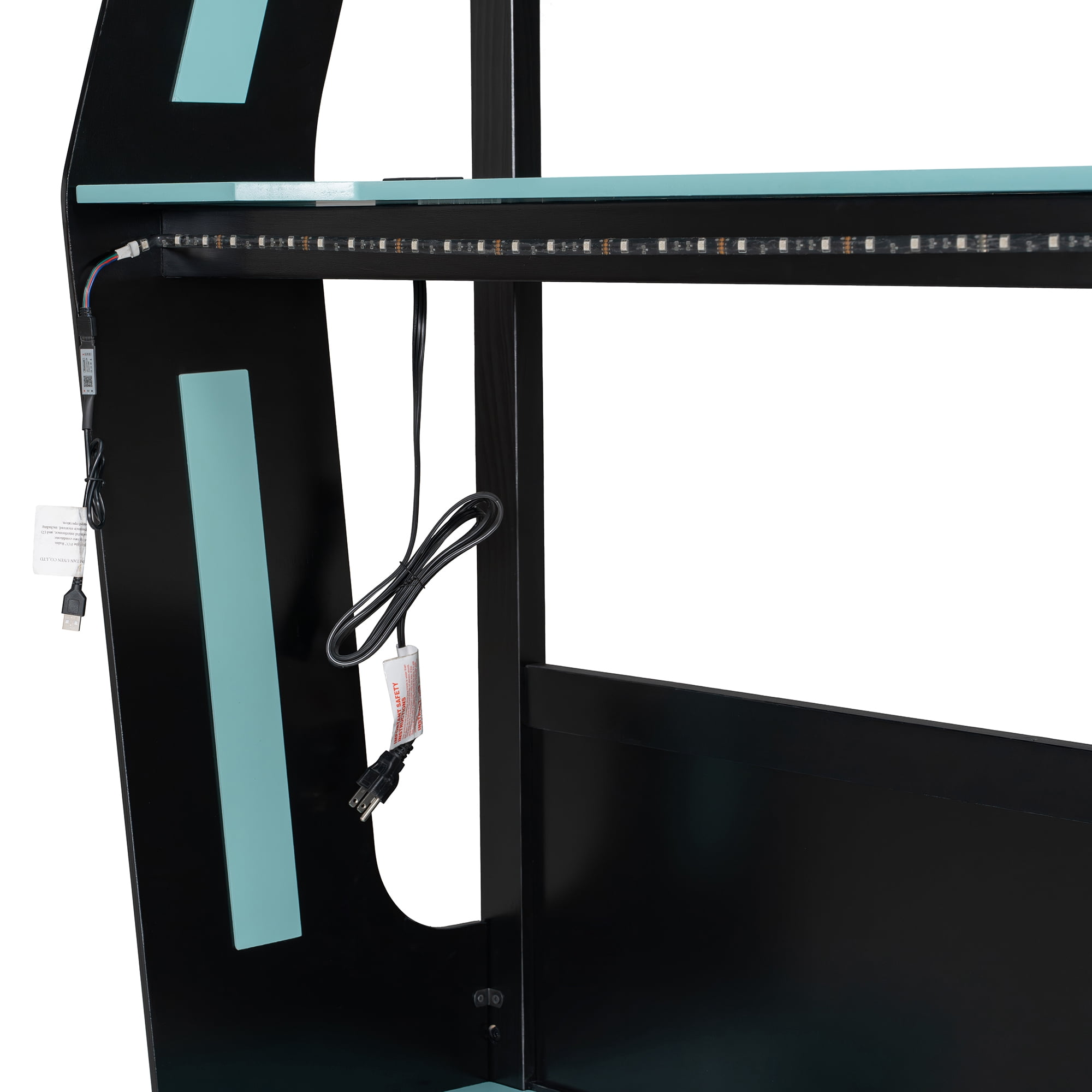 Aukfa Full Over Full Gaming Bunk Bed with Desk, USB Charging Station & LED Lights, Heavy-Duty Wood Esports Loft Bed Frame, Blue