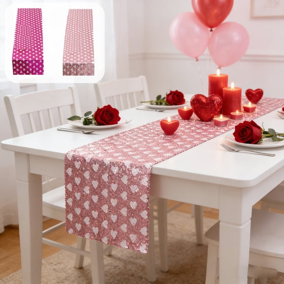 Yeciiwht Valentines Table Runner Heart-shaped Sequined Mesh Table Runners 71x12 Inches, Birthday Party and Wedding Decorations Tablecloth for Festival Home Decor