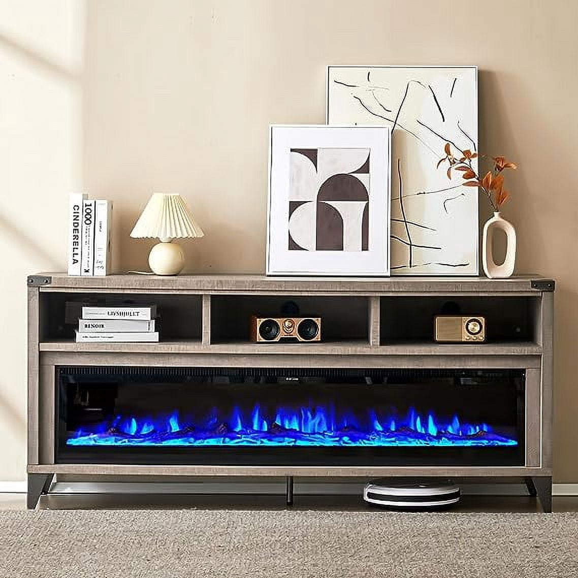 Amerlife 65" Tv Stand, Fireplace, Light Gray