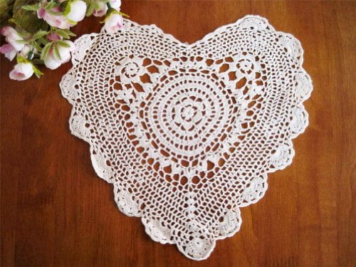 TWO Chic Hand Crochet Heart Shape Cotton Doily White 6" 