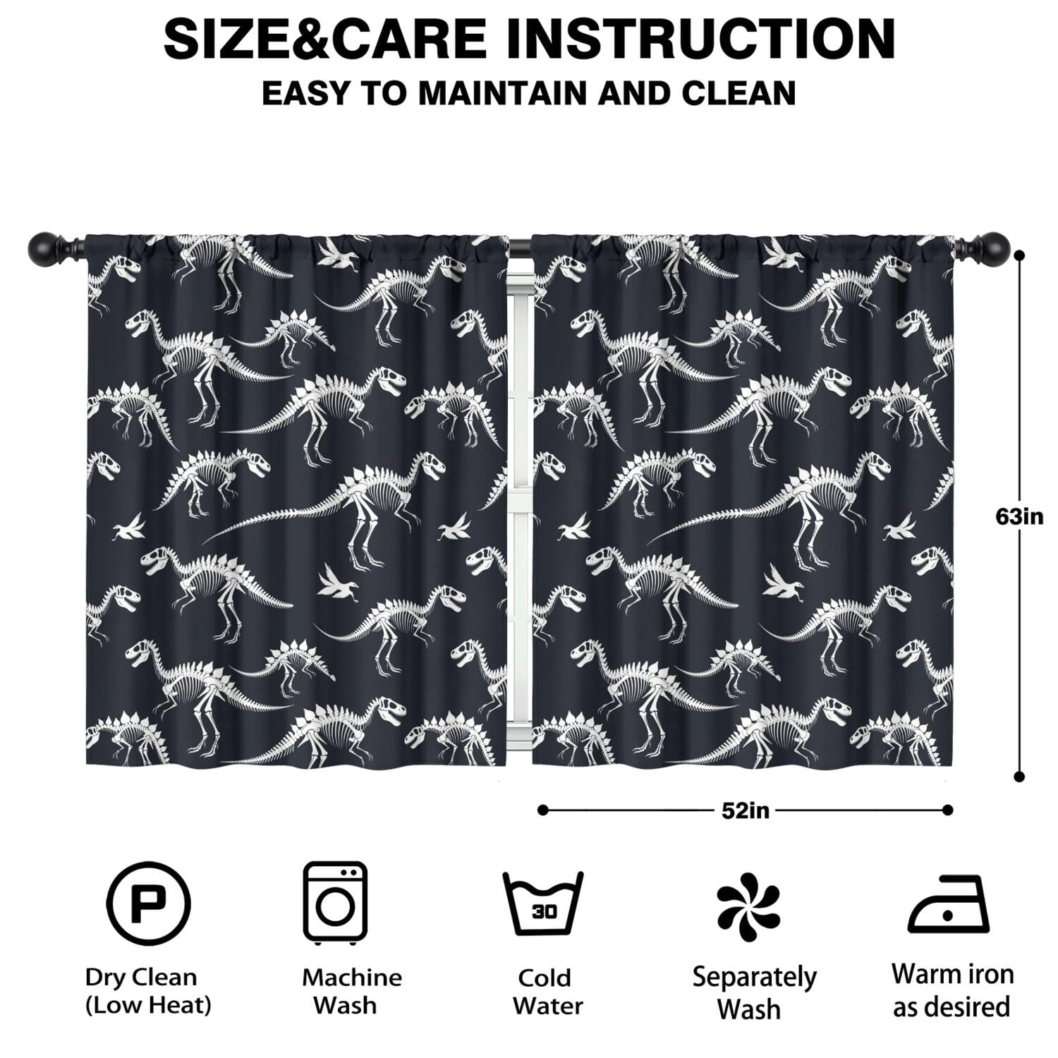 Blackout Kids Curtains,Black Cartoon Dinosaurs Skeletons Pattern Childrens Insulated Curtains Set Of 2,Bedroom Essentials,Toddler Room Decor 52"x63"