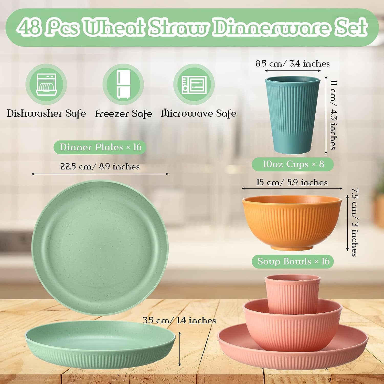 LINSHUI 48 Pack Wheat Straw Dinnerware Sets Dishwasher Microwave Safe