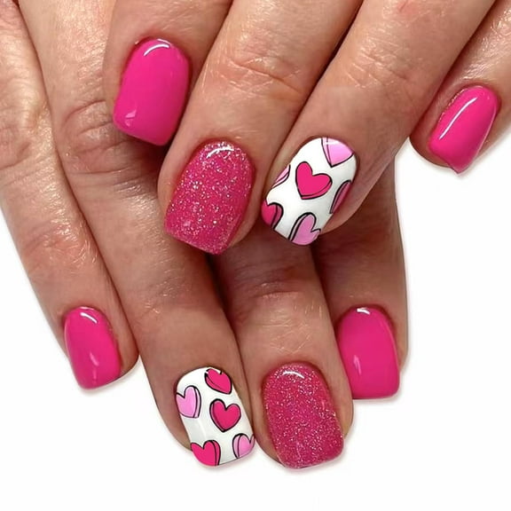 Pink Glitter Heart Press on Nails Medium Square Fake Nails Romantic Acrylic Glue on Nails Glossy Artificial Stick on Nails for Women Multicolor Valentines Design 1286