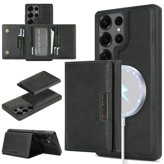 for Samsung Galaxy S24 Ultra Wallet Case with 7 Card Slots, Detachable Magnetic Back Cover, Premium PU Leather Kickstand Drop Protective Shockproof Classic Flip Case for Galaxy S24 Ultra, Black