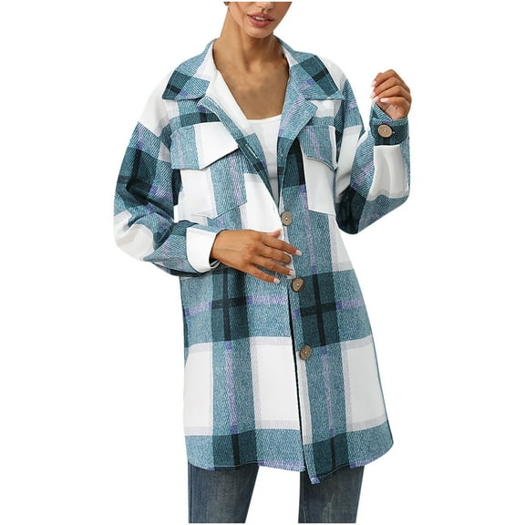 IROINNID Women's Mid-Length Shacket Jacket Notch Lapel Plaid Long Sleeve Casual Pockets Tops Jacket Plaid Coat, Blue