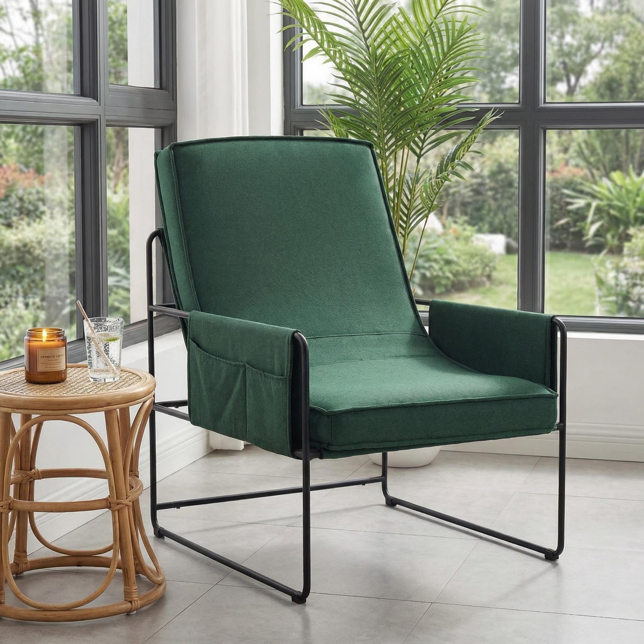 Vinform Sling Accent Chair, Modern Arm Chair with Removable Cushion, Metal Frame for Living Room, Green