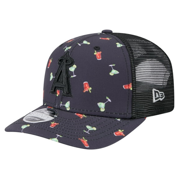 Men's New Era Black Los Angeles Angels Adventure Drinks Pattern 9SEVENTY Stretch-Snap Hat