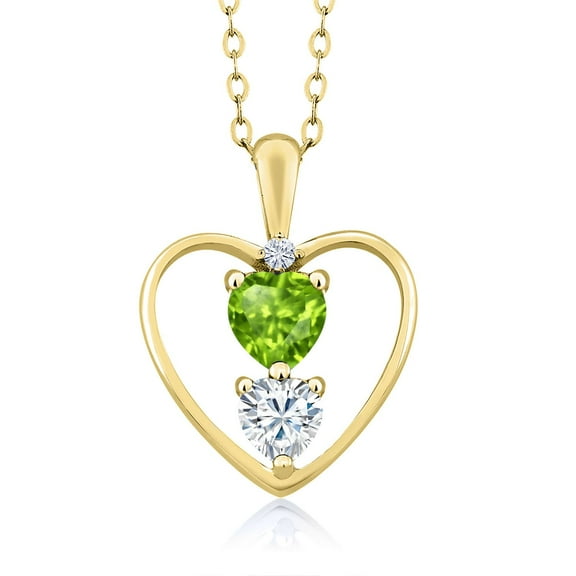 Gem Stone King 18K Yellow Gold Plated Silver Green Peridot Pendant Necklace for Women (0.74 Cttw, Gemstone August Birthstone, Heart 5MM and 4MM, with 18 inch Silver Chain)