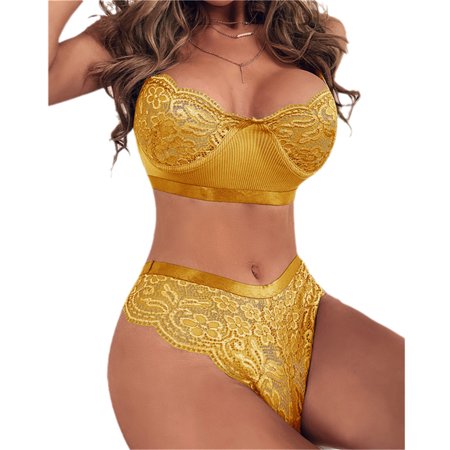 

SHerrylily Women Floral Pattern Crochet Lace Scallop Trim Lingerie Set