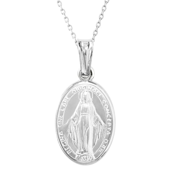 Ritastephens Miraculous Mary Necklace 18 Inches long Cable Chain Sterling Silver 925 Oval Medal Charm Pendant 19mm Includes Gift Box