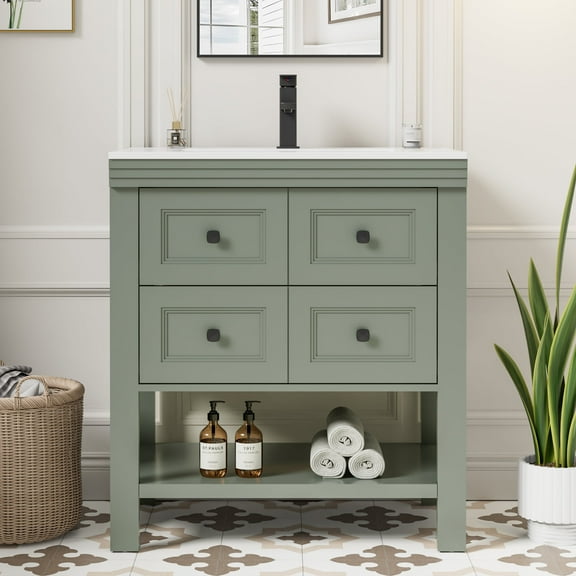 Eclife 30" Single Bathroom Vanity With Integrated Sink Top, 2 Smooth Drawers, Faucet