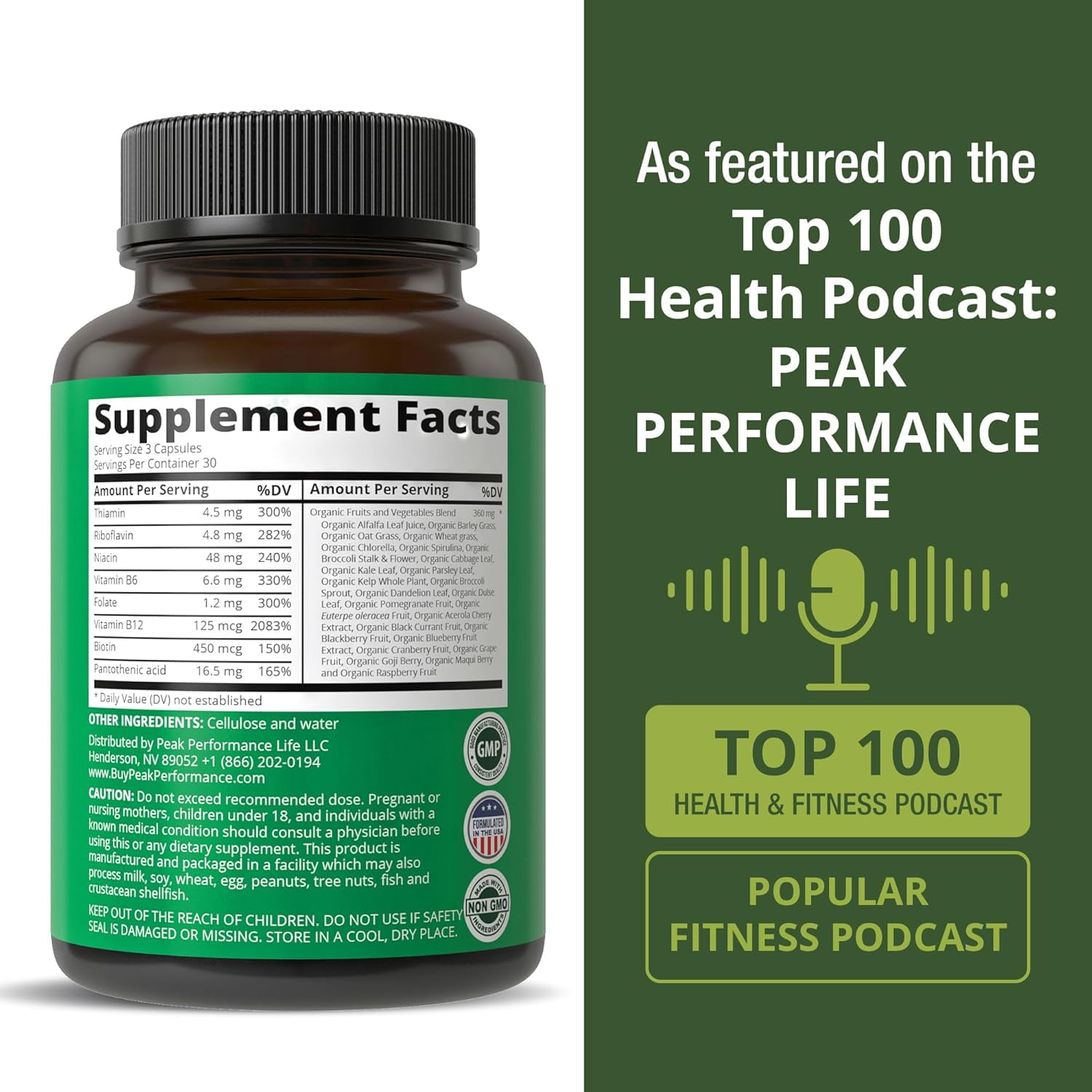 Vitamin B Complex Capsules + Whole Food Blend of 25 Vegetables and Fruits for Max Absorption.