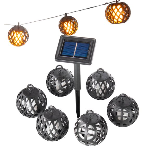 Solar Powered Rattan Ball Dancing Flickering Flame Effect LED String Globe Hanging Lantern Lights for Outdoor Garden Cafe Porch Dcor