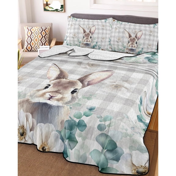 King Quilt Bedding Set, Easter Rabbit White Floral Lightweight Coverlet Summer Comforter Set Soft Microfiber Bedspread, Green Eucalyptus Leaf Gray Plaid 3 Piece Quilt Set with 2 Pillow Shams