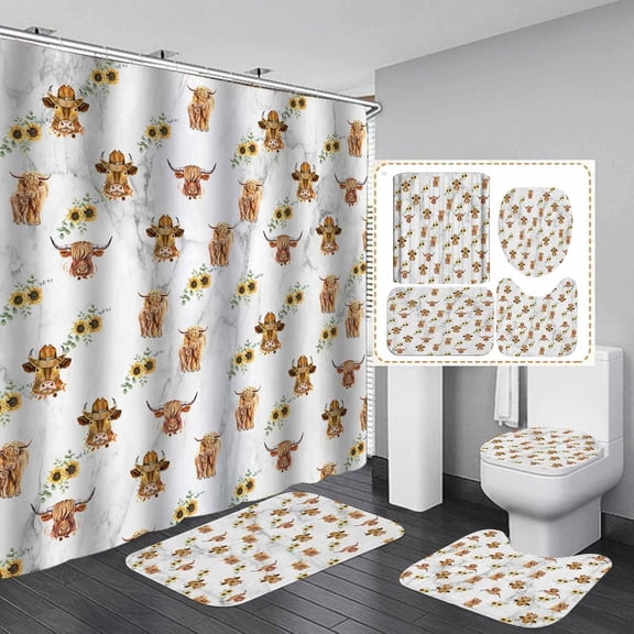 4PCS Highland Cow Shower Curtain Set, Sunflower American Flag Barn Motivational Quotes Cattle Bull Farm Animal Country Rustic Farmhouse Bathroom Decor, Fabric Shower Curtain, Non-slip Bath Mat