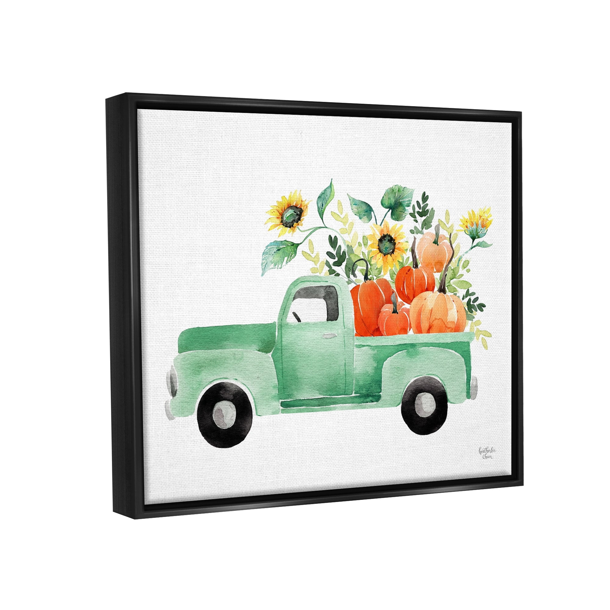 Stupell Industries Autumnal Plants Pumpkins Seasonal Green Pickup Truck Painting Metallic Gold Floating Framed Canvas Print Wall Art, Design by Heatherlee Chan