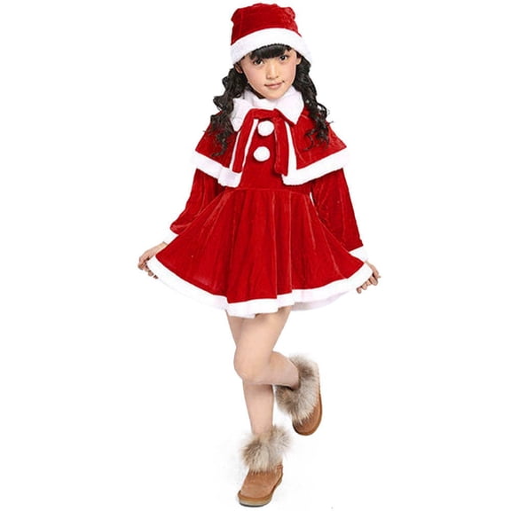 Tiweut Christmas Girls Santa Dress Knee Length Velvet Dress   Hat   Shawl 4 Piece Princess Outfits Cute Birthday Clothes Set,Red,100