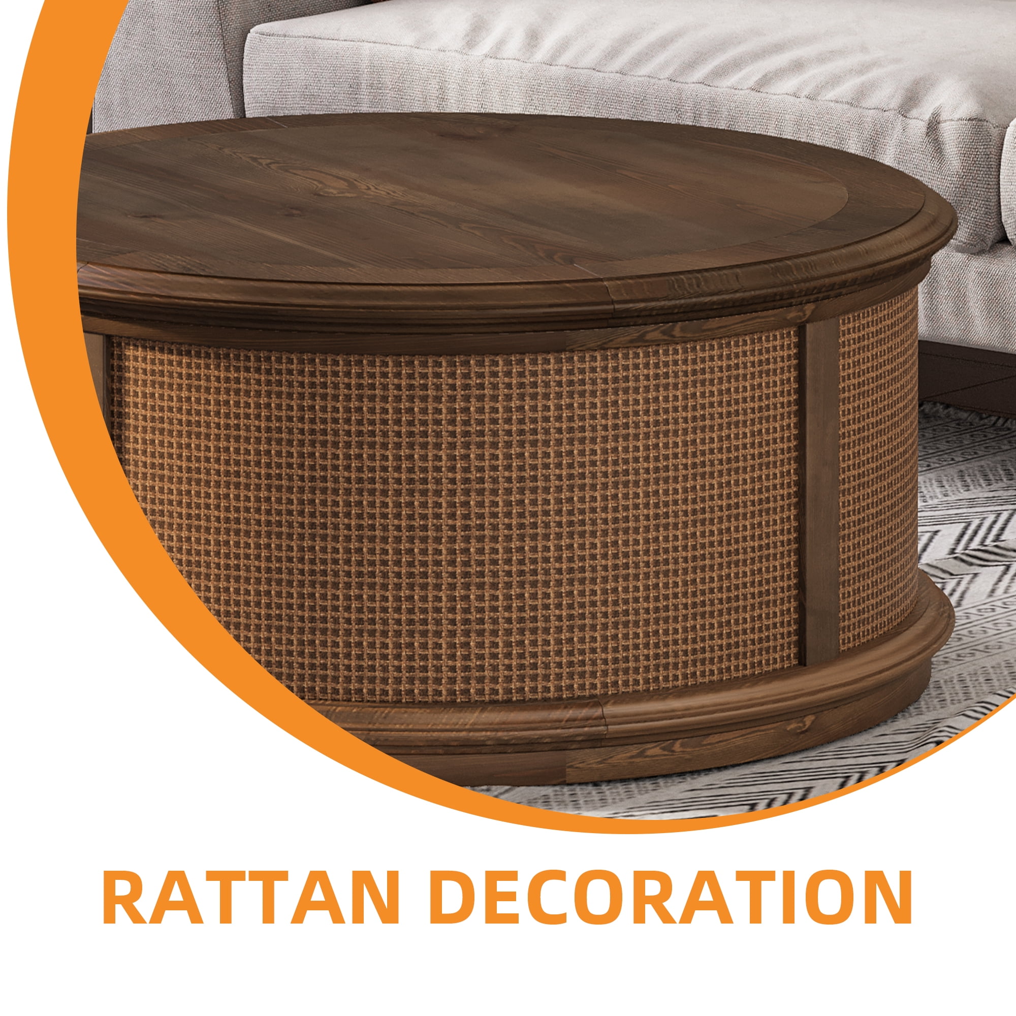 Uforic Round Lift-Top Coffee Table with Rattan Accents, Storage Table for Living Room, Gray Wood