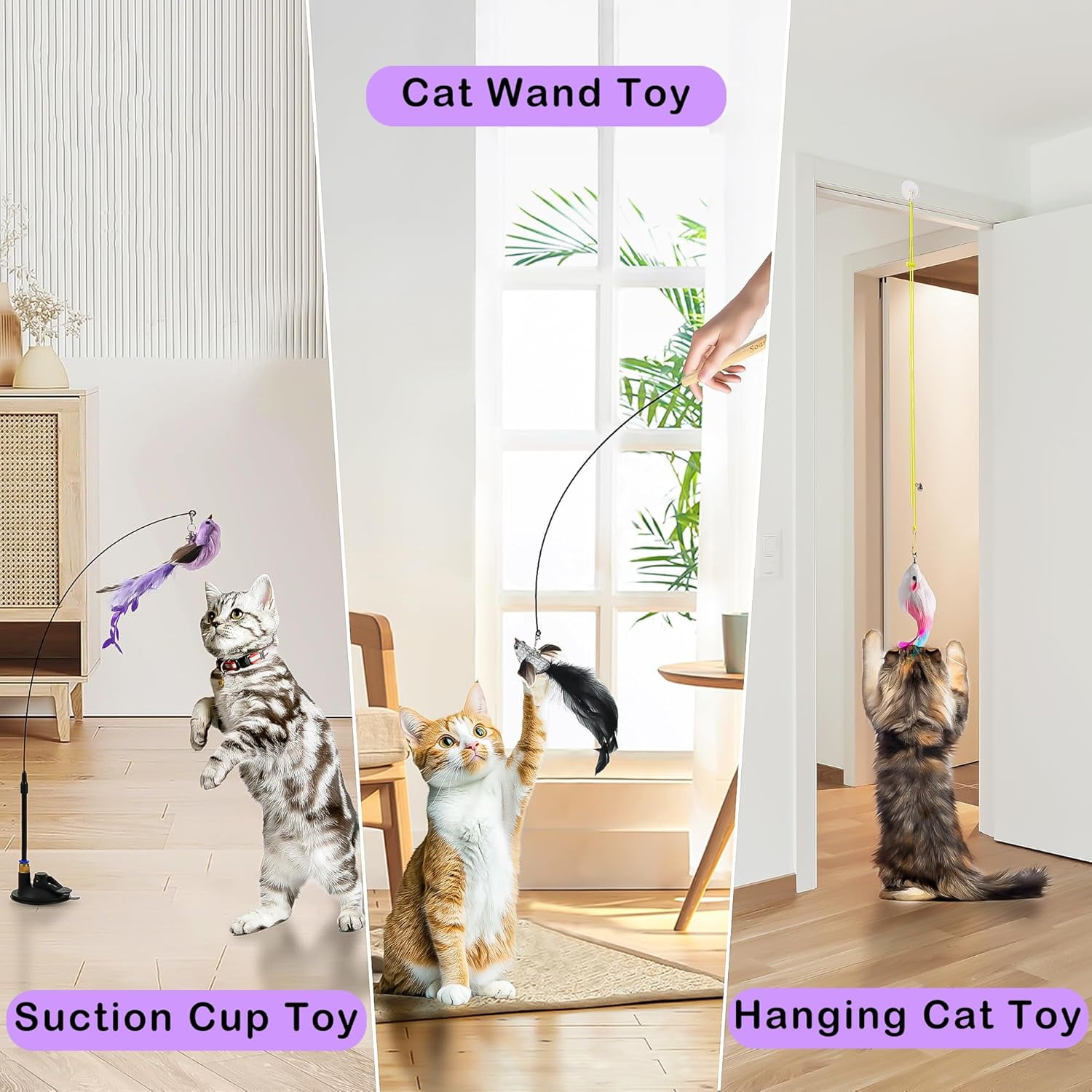 Flying Bird Cat Toys - Wooden Cats Wand Toy Fishing Pole Cat Bird Toys Replacements, Interactive Suction Cup and Door Hanging Cat String Toys for Indoor Cats