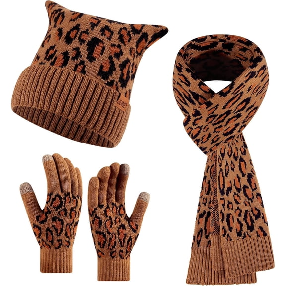 Womens Winter Knit Warm Hat Leopard Print Beanie Long Scarf Touch Screen Gloves Set Skull Caps Neck Scarves for Women