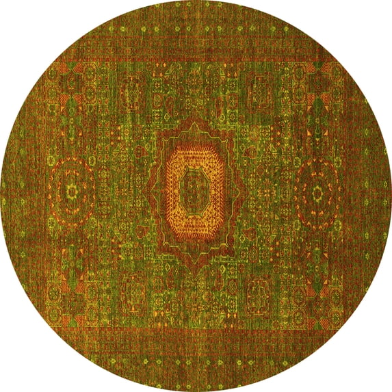 Ahgly Company Machine Washable Indoor Round Oriental Yellow Modern Area Rugs, 7' Round
