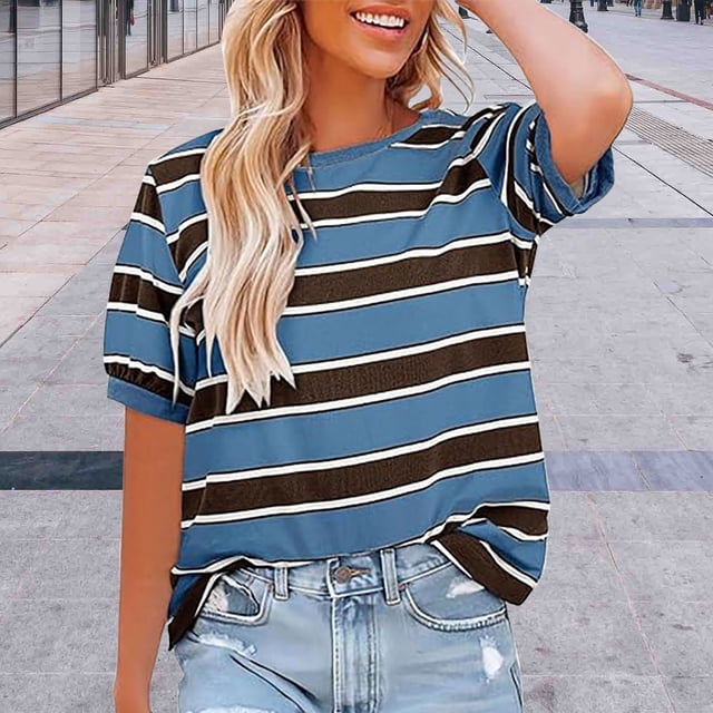 Pxiakgy Vente Chaude!! Hauts Rayés pour Femmes Col Rond Manches Courtes T-Shirt Tendance 2025 Basique Été Décontracté T-Shirts Amples à Rayures Color Block Blouses Amples Basiques Bleu TG