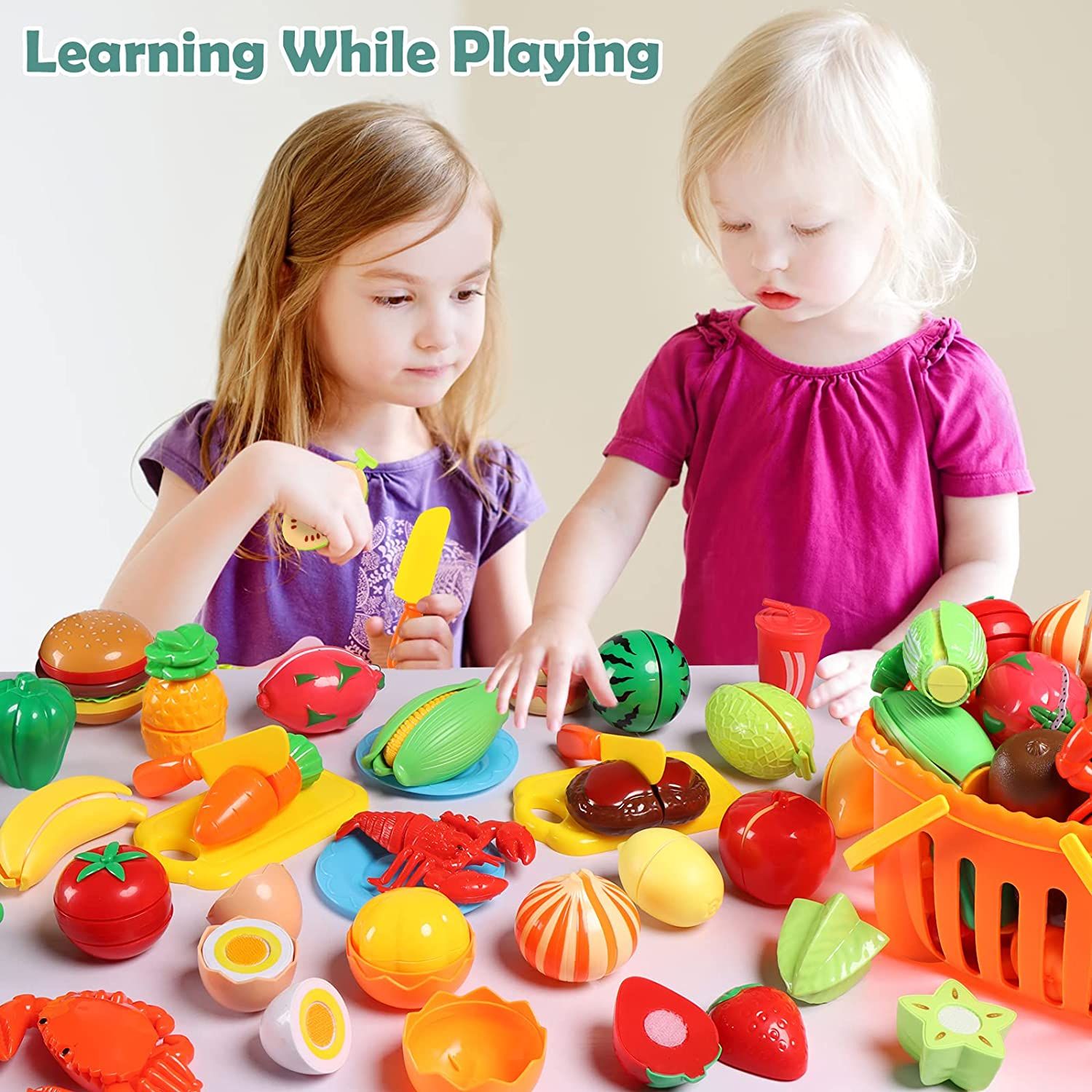 Bmag 88pcs Cutting Play Food Sets for Kids, Pretend Play Kitchen Toys Accessories Educational Toy Food with Storage Basket