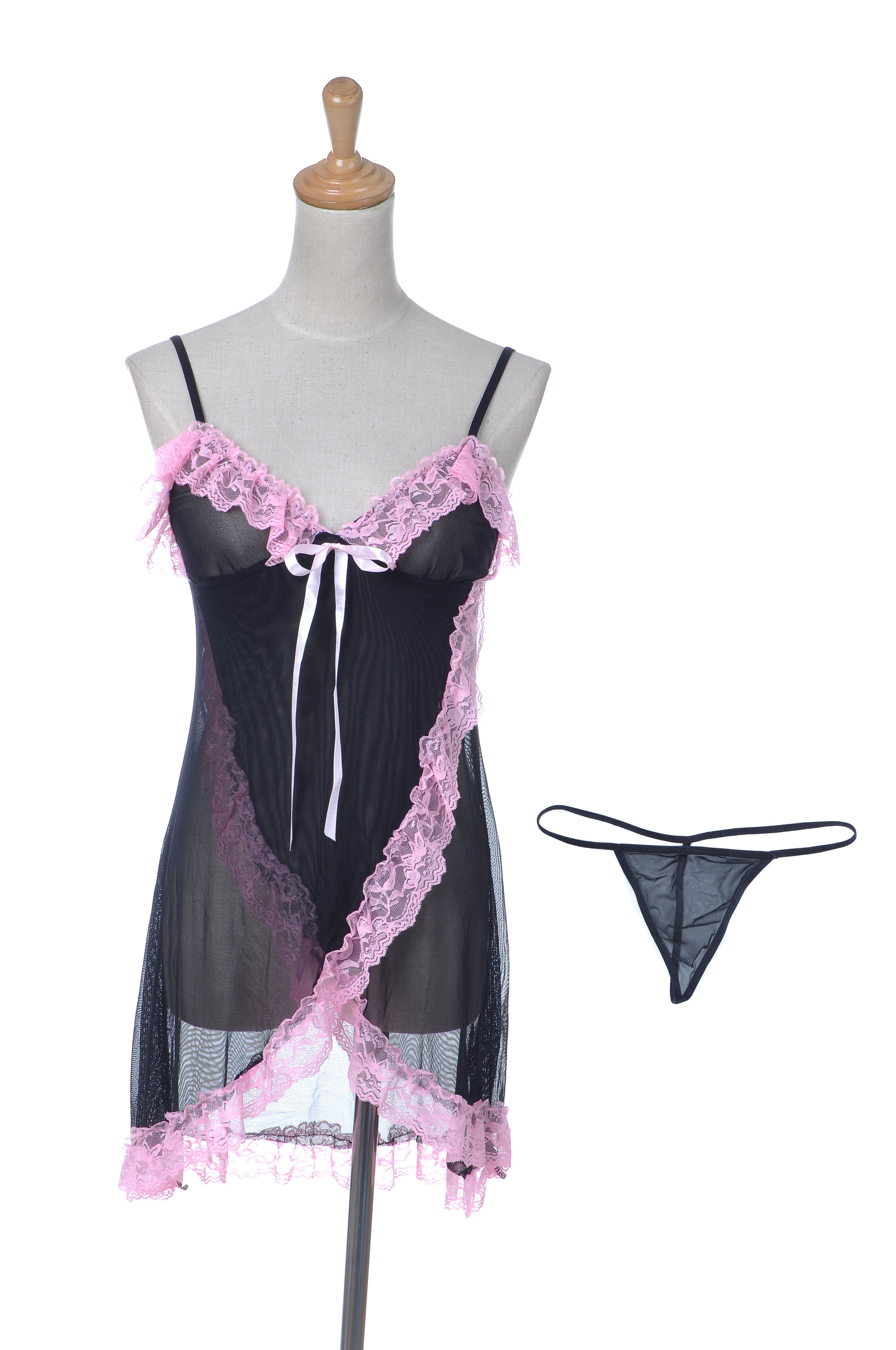 Feinuhan Womens 2 Piece Sexy Black Pink Lace Nightwear Sleepwear 