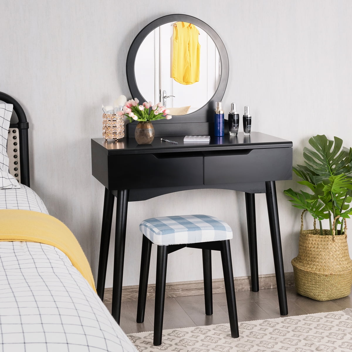 Vanity Set Makeup Dressing Table W/ Removable Mirror & Stool Black