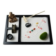 RABBITH Japanese Zen Garden for Desk, Home and Office Decor, Wooden Sand Tray, Buddha