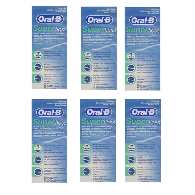 Hilo dental Oral-B Super Floss Mint para aparatos ortopédicos y puentes, 50 tiras