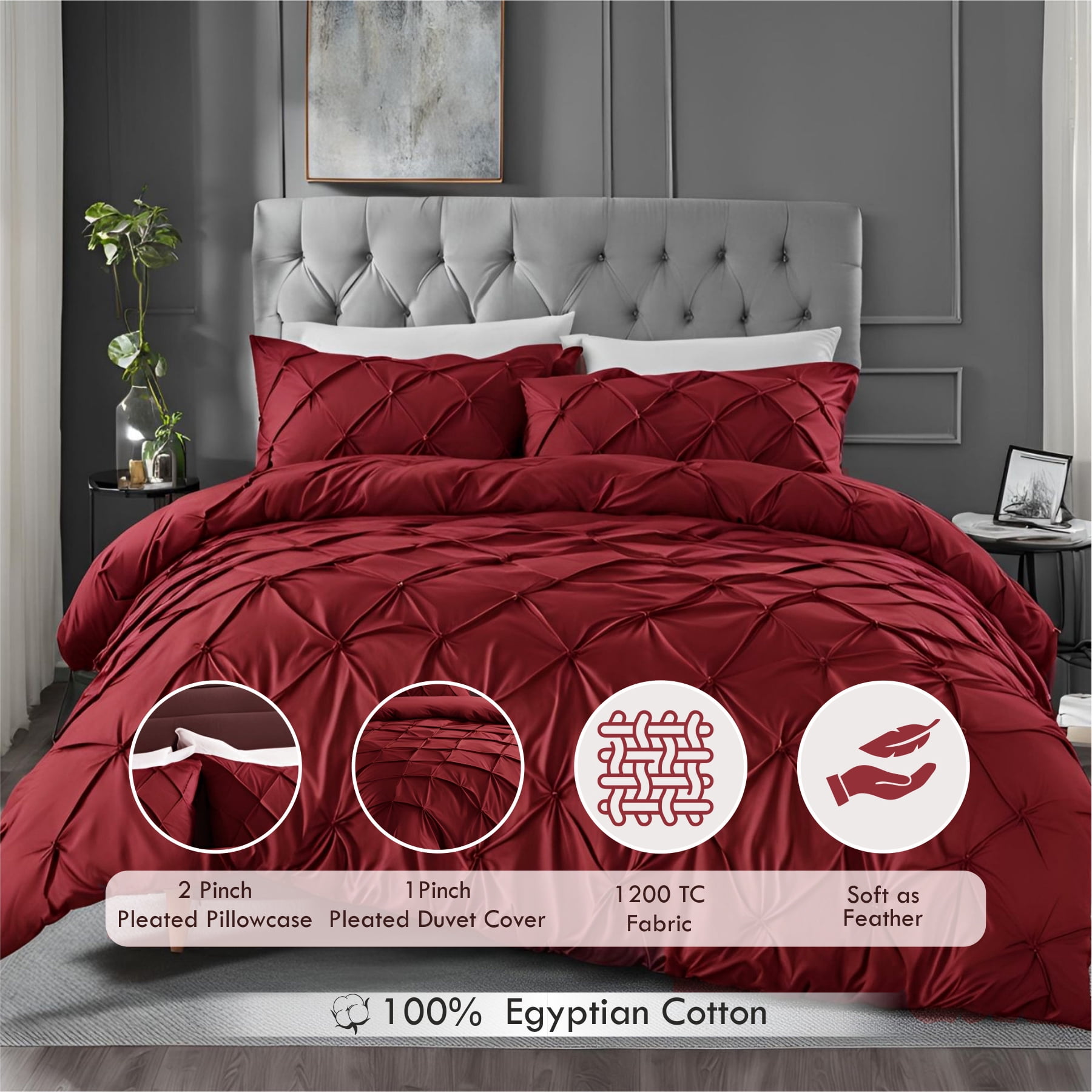 Pinch Pleated Duvet Cover Set 1200TC 100% Cotton Luxurious Home 3-Piece 1-Pinch Duvet Cover 2-Pinch Pillowcase Zipper Tie Closure Pack of 1
