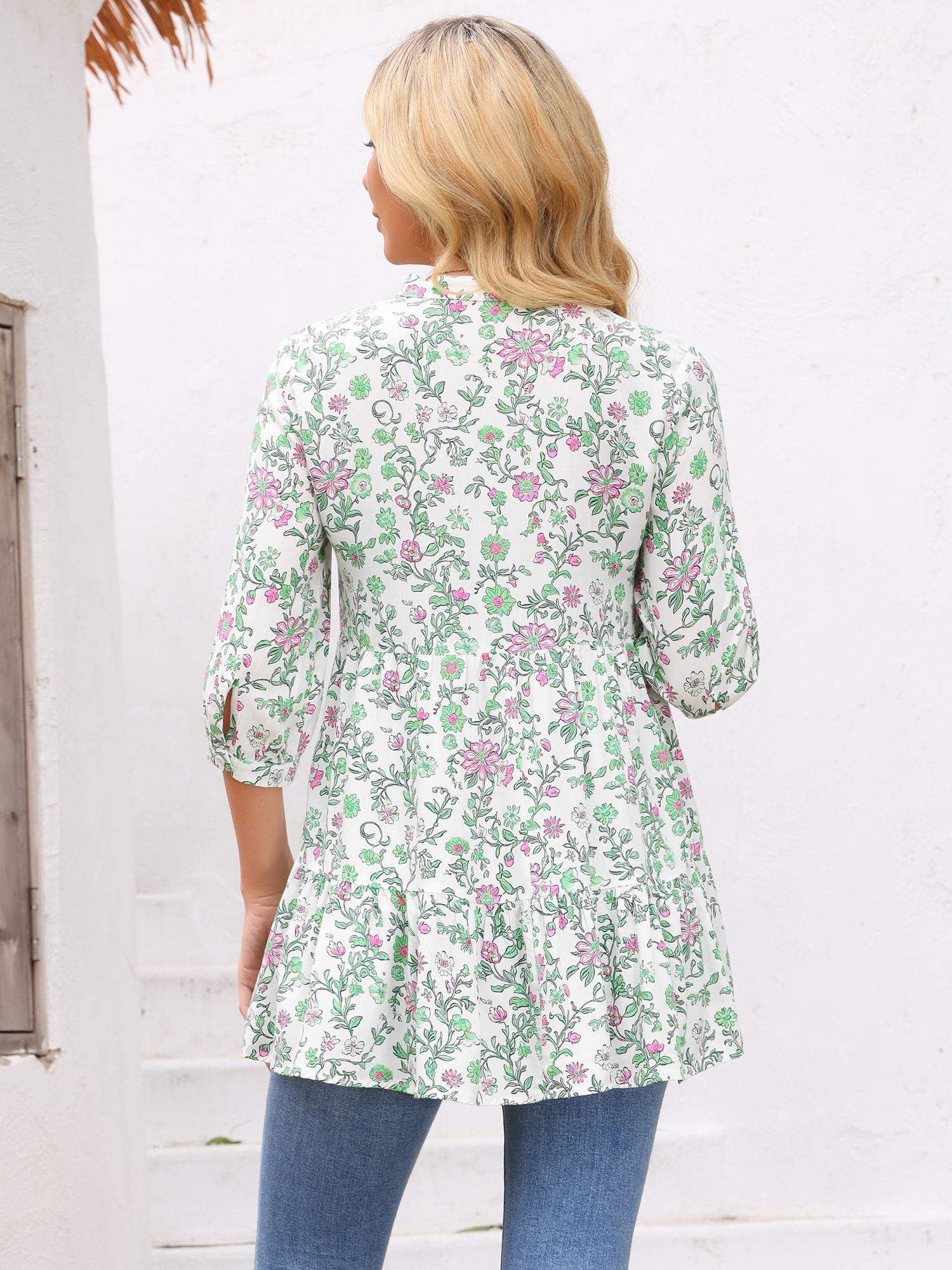 DARING DIVA Women's Floral Notch V Neck 3/4 Sleeve Babydoll Ruffle Tunic Blouse XL White
