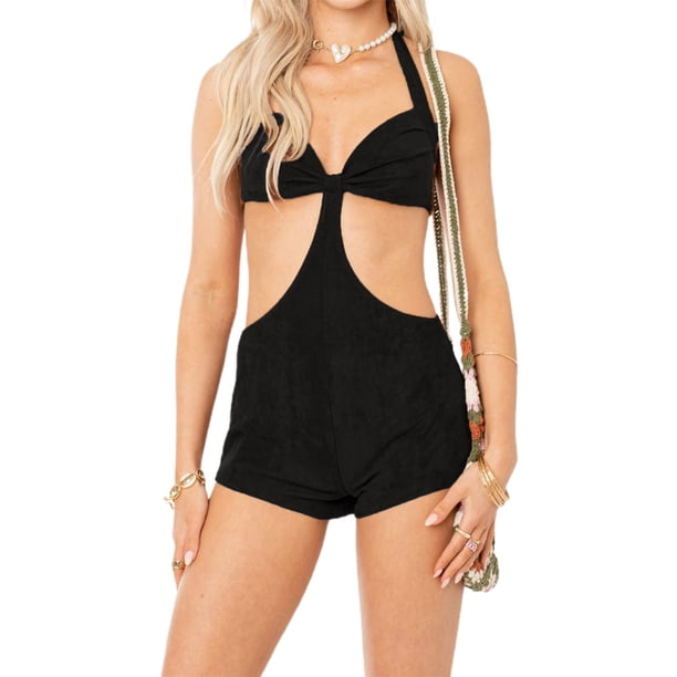 SAYOO Mameluco para Mujer, Cuello en V Sin Mangas Color Sólido Envuelto Elástico Casual Fiesta Pantalones Cortos Mono SAYOO S M L XL