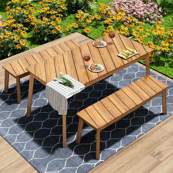 Euroco Adjustable 3-Piece Acacia Wood Outdoor Dining Sets with 2 Benches, Natural