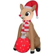 Rudolph with Santa Hat and Christmas Ornament, 3.5 Feet Tall