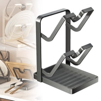 Double-Layer Pot Lid & Utensil Holder with Drip Tray, Heavy-Duty Carbon Steel Kitchen Organizer Rack for Lids, Spoons & Spatulas — Gun Gray, Rust-Resistant Countertop Storage Stand