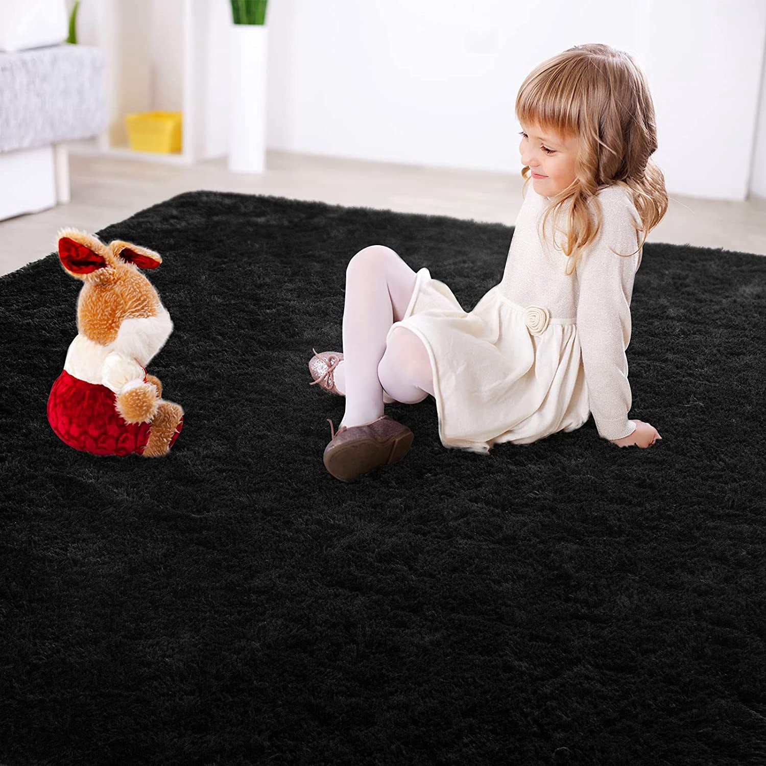 Lochas Ultra Soft Indoor Modern Area Rugs Fluffy Living Room Carpets for Children Bedroom Home Decor Nursery Rug 4' x 5.3', Black