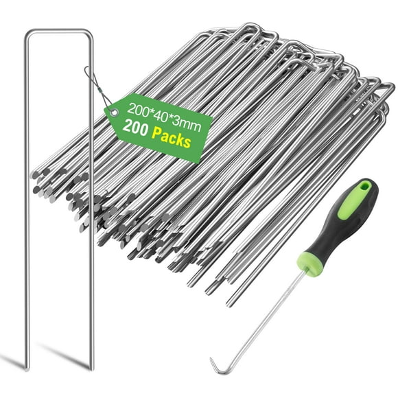 Graxury Lot de 200 Piquets de Jardin Robustes de 7,87 Pouces 11 Gauge - Agrafes en Acier Galvanisé pour Ancrage, Désherbage, Filet et Tubage avec 1 Crochet
